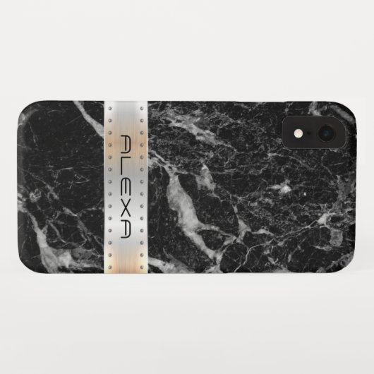 Zwarte faux-marmer met metalen zilverstreep Case-Mate iPhone case (Achterkant (horizontaal))