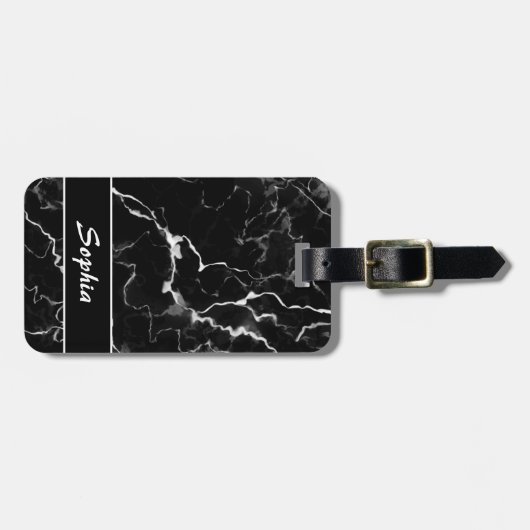 Zwarte faux-marmer-textuur met aangepaste tekst bagagelabel (Voorkant horizontaal)