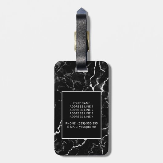 Zwarte faux-marmer-textuur met aangepaste tekst bagagelabel (Achterkant verticaal)
