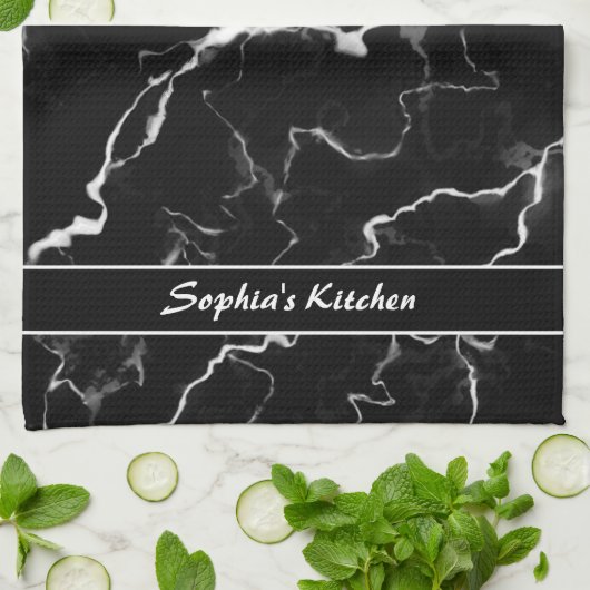 Zwarte faux-marmer-textuur met aangepaste tekst theedoek (Gevouwen)
