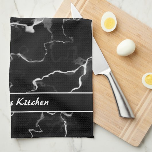 Zwarte faux-marmer-textuur met aangepaste tekst theedoek (Quarter Fold)