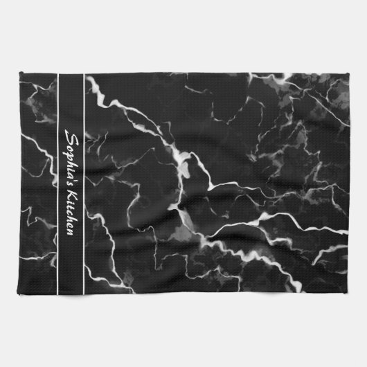 Zwarte faux-marmer-textuur met aangepaste tekst theedoek (Horizontaal)