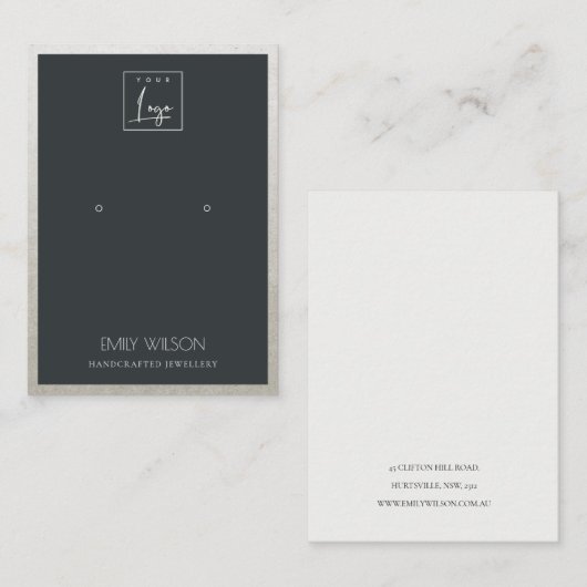 ZWARTE FAUX SILVER GRENS LOGO EARRING DISPLAY VISITEKAARTJE (Voorkant / Achterkant)