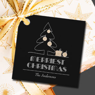 Zwarte feestdag met prettige kerstbomen bedankjes labels