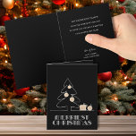 Zwarte feestdag met prettige kerstbomen kaart<br><div class="desc">De woorden Merriest Christmas in retro  belettering,  een schets van een boompje met faux gouden folie ornamenten en cadeaus zijn te zien op deze zwart gevouwen kerstvakantie wenskaarten. OVEREENKOMENDE objecten in onze winkel.</div>