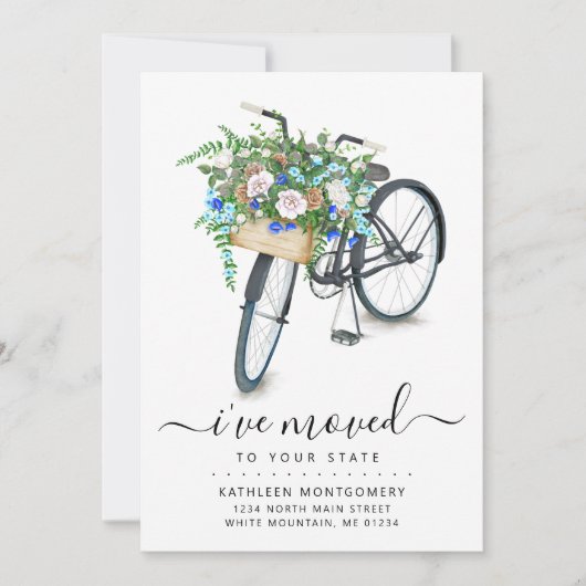 Zwarte Fiets Bloemen Basket Verhuisaankondiging Aankondiging (Voorkant)