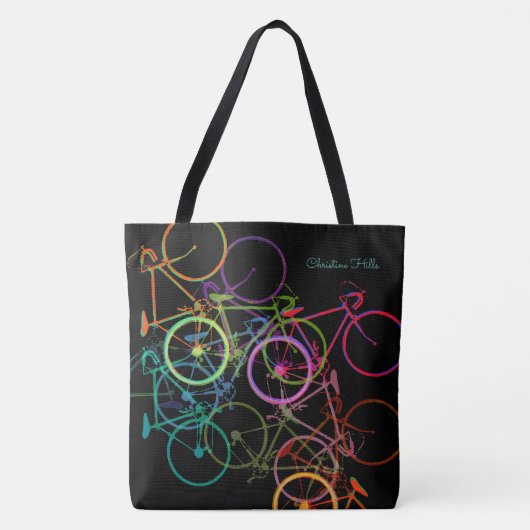 Zwarte fiets canvas tas met kleurrijke fietsen (Voorkant)