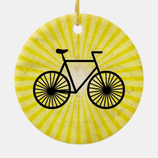 Zwarte fiets; gele achtergrond keramisch ornament (Achterkant)