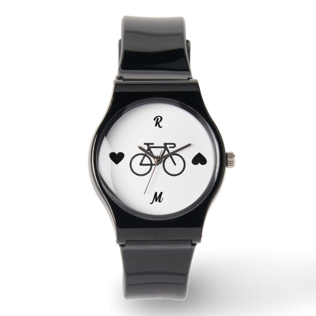 Zwarte fiets hart silhouet gepersonaliseerde naam horloge (Voorkant)