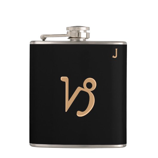 Zwarte fles met monogram - Zodiac - Steenbok Heupfles (Voorkant)