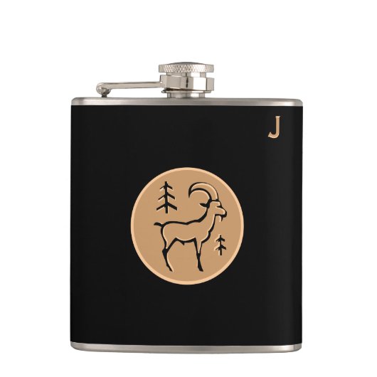 Zwarte fles met monogram - Zodiac - Steenbok Heupfles (Voorkant)