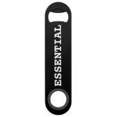 Zwarte flesopener die zegt essentieel speed flessenopener (Achterkant)
