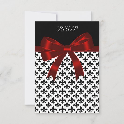 Zwarte Fleur De Lis Rood Lint RSVP Kaart (Voorkant)