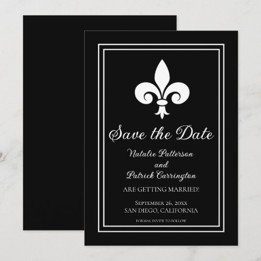 Zwarte Fleur de Lis Save the Date Uitnodiging (Voorkant / Achterkant)