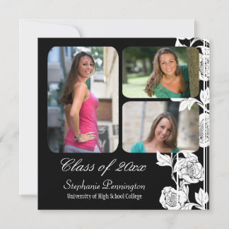 Zwarte floral 3 foto graduatie party aankondiging