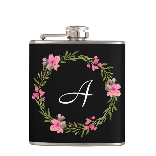 Zwarte Floral Aangepaste monogram Heupfles (Voorkant)