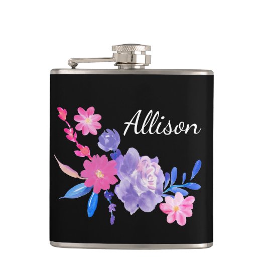 Zwarte Floral Aangepaste monogram Heupfles (Voorkant)