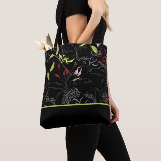 Zwarte Floral afdrukken Tote Bag (Dichtbij)