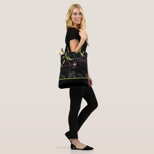 Zwarte Floral afdrukken Tote Bag (Op model)
