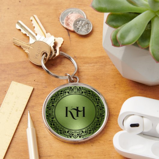 Zwarte Floral Circle Iridescent Green Texture Sleutelhanger (Bureau)