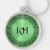 Zwarte Floral Circle Metallic Green achtergrond Sleutelhanger (Voorkant)