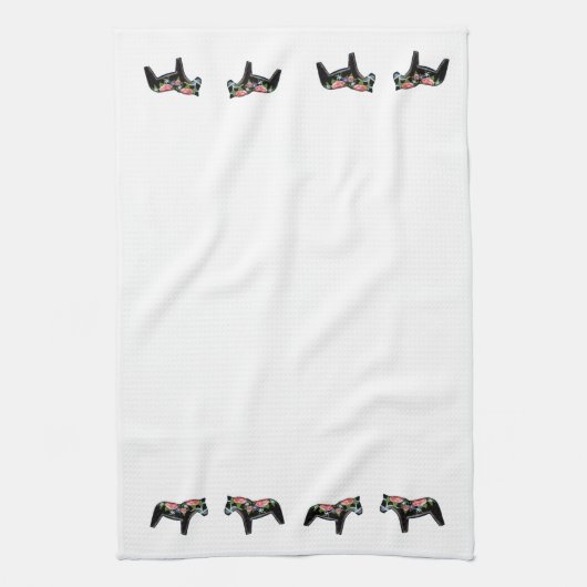 Zwarte Floral Dala Horse MoJo Kitchen handdoek (Verticaal)