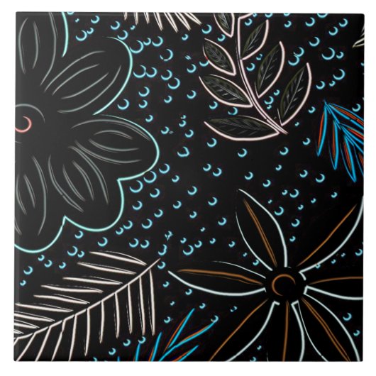 Zwarte Floral keramische Tegel Tegeltje (Voorkant)