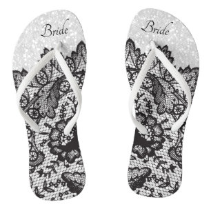 Zwarte Floral Lace en witte glitter Teenslippers