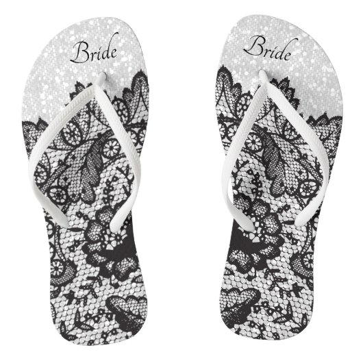 Zwarte Floral Lace en witte glitter Teenslippers (Voetbed)