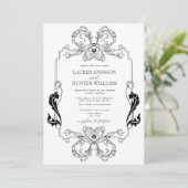 zwarte Floral Line Art Monogram Weddenschap Kaart (Staand voorkant)