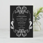  zwarte Floral Line Art Monogram Weddenschap Kaart (Staand voorkant)