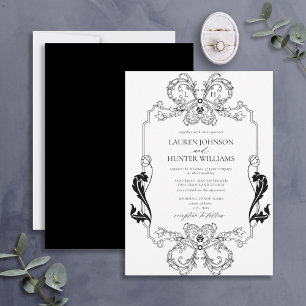 zwarte Floral Line Art Monogram Weddenschap Kaart