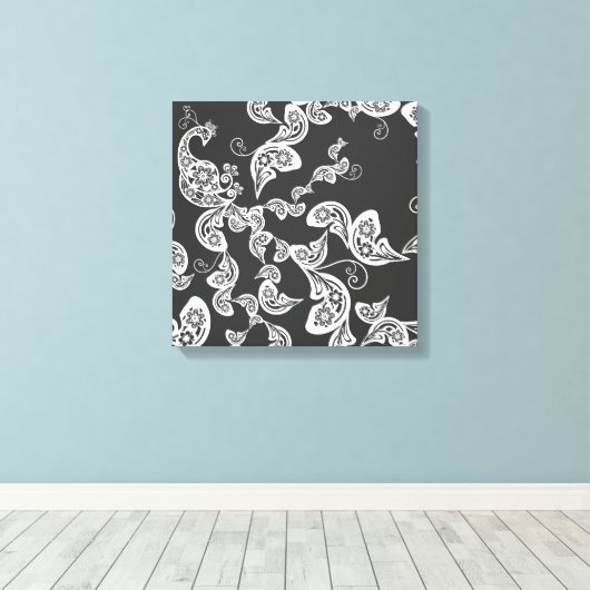 Zwarte Floral Peacock Deco Art Canvas Afdrukken (Insitu (Houten vloer))