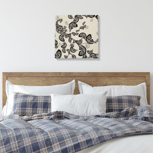 Zwarte Floral Peacock Deco Art Canvas Afdrukken (Insitu (Slaapkamer))