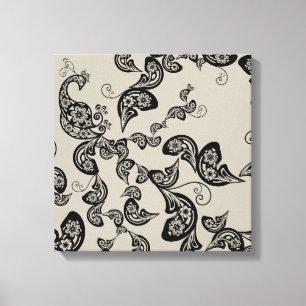 Zwarte Floral Peacock Deco Art Canvas Afdrukken