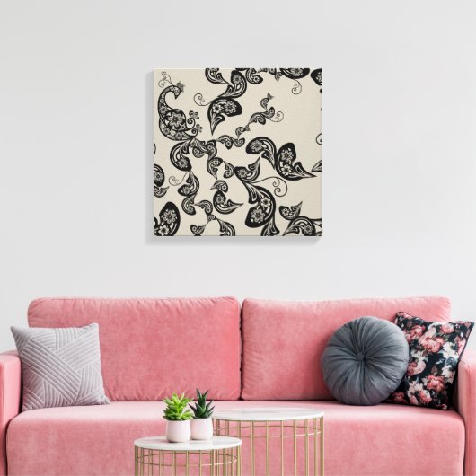 Zwarte Floral Peacock Deco Art Canvas Afdrukken (Insitu (Woonkamer))