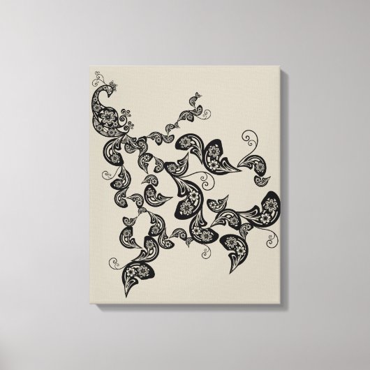 Zwarte Floral Peacock Deco Art Canvas Afdrukken (Voorkant)