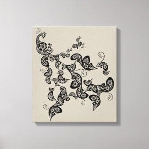 Zwarte Floral Peacock Deco Art Canvas Afdrukken