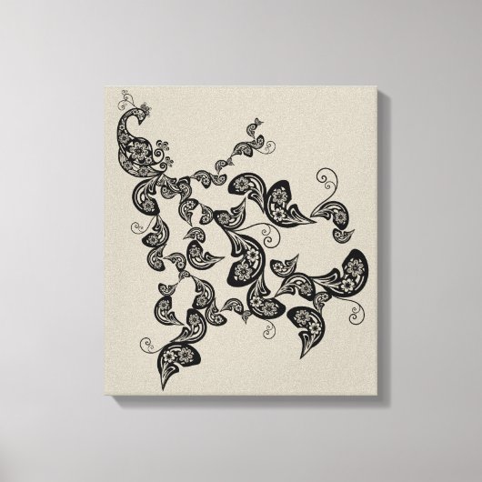 Zwarte Floral Peacock Deco Art Canvas Afdrukken (Voorkant)