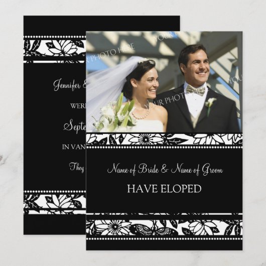 Zwarte Floral Photo Elopement Announcement-kaarten Aankondiging (Voorkant / Achterkant)