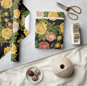 zwarte Floral roze en groen Cadeaupapier