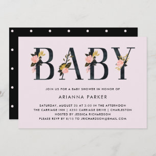 zwarte Floral Tekst op Blush Baby shower Kaart