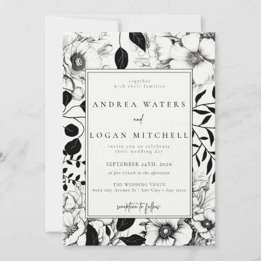 Zwarte Floral Wedding Invitations Kaart (Voorkant)