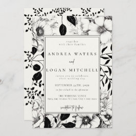 Zwarte Floral Wedding Invitations Kaart
