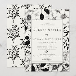 Zwarte Floral Wedding Invitations Kaart