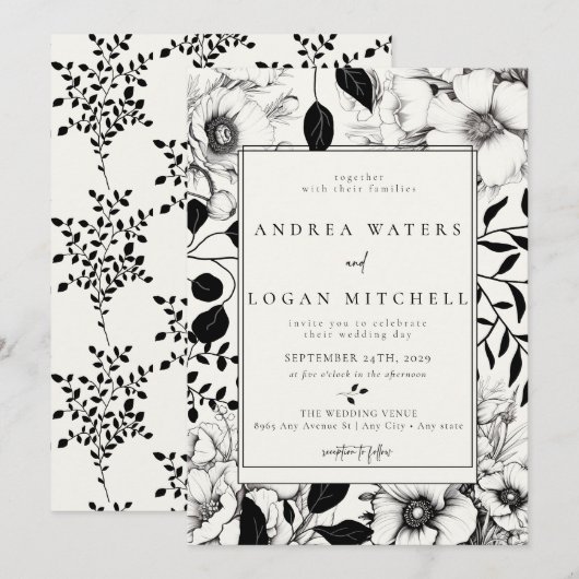 Zwarte Floral Wedding Invitations Kaart (Voorkant / Achterkant)