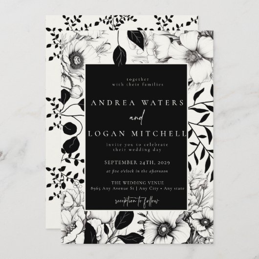 Zwarte Floral Wedding Invitations Kaart (Voorkant / Achterkant)
