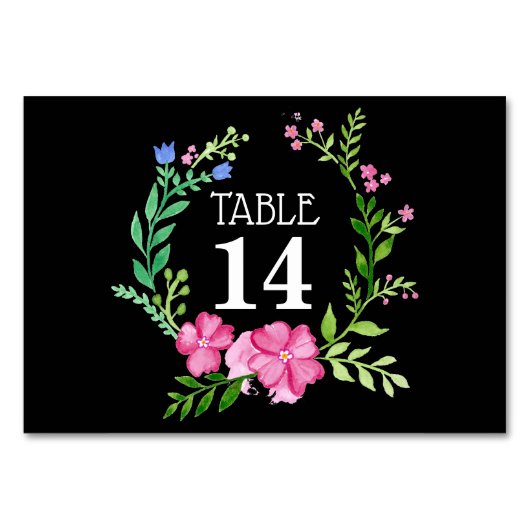 Zwarte Floral Wedding Table Number Kaart (Voorkant)