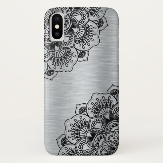 Zwarte florale mandala op zilvergeborsteld alumini Case-Mate iPhone case (Achterkant)