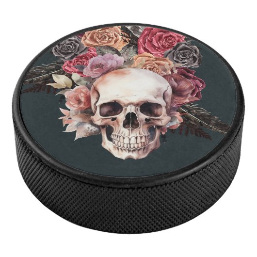 Zwarte florale schedel hockey puck (3/4)